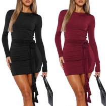 Mode Rundhalsad Långärmad Rynkad Sida Ros Toffs Bodycon Klänning