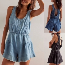 Trendiga volanger U-ringning ärmlös knytning rygglös vintage tvättad denim romper