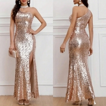 Sexig Bling-festklänning med paljetter på ena axeln