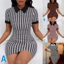 Moderiktig Polo-neck Kortärmad Houndstoothmönstrad Bodycon Klänning