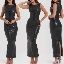 Ärmlös Bodycon Maxi Klänning med Rund Hals och Ryggslits i Konstläder PU