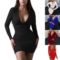 Sexig Plunge V-ringad långärmad Ruched Bodycon Klänning