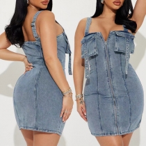 Mode frampfickor med dragkedja Bodycon Hängseljeansklänning