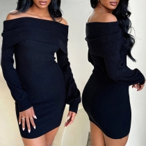 Sexig axelbandslös långärmad ribbad Bodycon-klänning