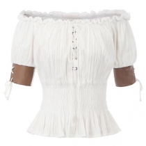 Vintage rynkad kortärmad skjorta med snörning off-shoulder
