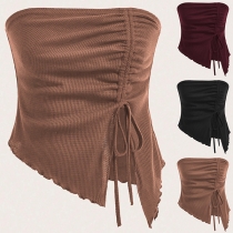 Sexig off-shoulder sida dragsko slits asymmetrisk nederkant texturerad trim skjorta
