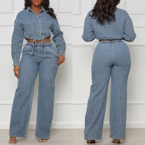 Mode Denim Tvådelat Set med Crop Jacka och raka Byxor
