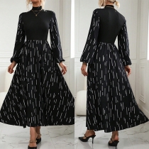 Mode Kontrastfärg Tryckt Mock Neck Långärmad höghus Midi-klänning