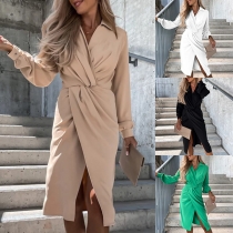 Mode enfärgad V-ringad Lanternärm Bodycon Klänning med Långa Ärmar