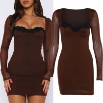 Sexig Spets Splits Hjärtformad Halsringning Transparent Långärmad Bodycon Klänning