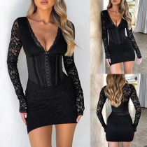 Sexig V-ringad Midjekramande Bodycon Jacquard Spetsklänning