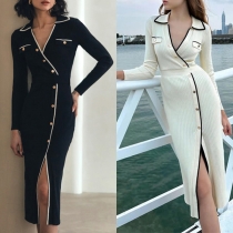 Elegant Kontrastfärgad Krage V-ringning Långärmad Knapp Slit Ribbad Bodycon Klänning