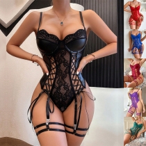 Sexig Sweetheart-hals Snörning Spetsad Konstläder PU Underkläder Bodysuit