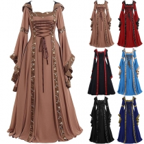 Medeltida vintage maxiklänning med fyrkantig hals, snörning och klockärm - perfekt för Halloween och cosplay