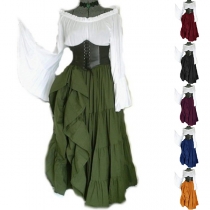 Vintage volang off-shoulder långärmad snörning Cinch midja skiktad klänning för kvinnor Cosplay och Halloween Kostym