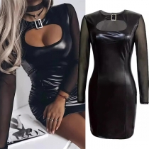 Sexig spänne rund hals framtill ihopsydd gasväv långärmad konstläder PU Bodycon festklänning