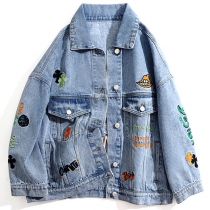 Trendiga Broderade Standkrage Långärmad Vintage Tvättad Jeansjacka