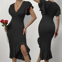 Mode V-ringad volang kortärmad hög midja oregelbunden fåll Bodycon klänning