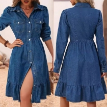 Elegant krage långärmad denimklänning med knapp framtill och volang nederkant