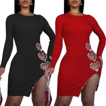 Sexig Rundhalsad Långärmad Bodycon Klänning med Strasshjärta och Slits