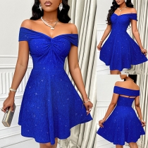 Sexig Glittrig Off-shoulder Miniklänning med rynkad design framtill