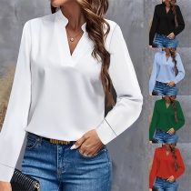 Elegant V-ringad långärmad enfärgad blus