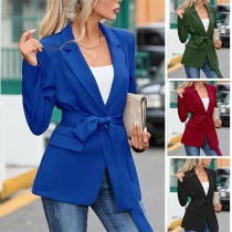 Elegant Notch Lapel Långärmad Kavaj med Självbälte