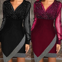 Bling-Bling Mode Uppseendeväckande Sprucken V-ringning Långärmad Oregelbunden Fåll Bodycon Klänning