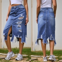 Trendiga Street Fashion Slit och Sliten Framhöjd Denimkjol