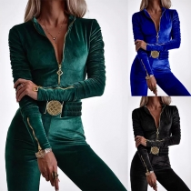 Stilren Enfärgad Halv-dragkedja V-ringad Långärmad Sammet Jumpsuit
