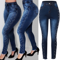 Modepärla Höghus Frayed Hemline Smala Denimjeans