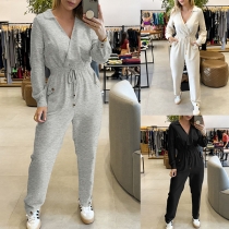 Mode V-ringad långärmad dragsko Elastisk midja med sidofickor jumpsuit