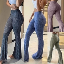 Lediga Enfärgade Ribbstickade Flare Leggings för Träning