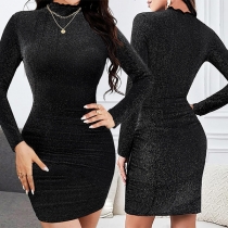 Mode Glittrig Mockneck Långärmad Bodycon Klänning