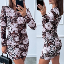 Blommig leopardmönstrad Crew Neck långärmad Bodycon-klänning