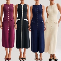 Elegant Rundhals Ärmlös Med Fickor Knappar Stickad Klänning
