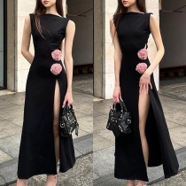 Elegant Rund Hals ärmlös Sidoslits 3D Blomsterdekoration Maxi Klänning