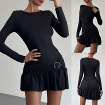 Långärmad Bodycon-klänning med Rynkade Dold Dragkedja och Volangdetalj