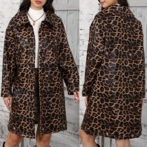 Leopardmönstrad Street Fashion PU-läderjacka med Lång Ärmlängd och Krage