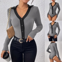 Mode kontrastfärg krage V-ringad långärmad ribbad jumpsuit