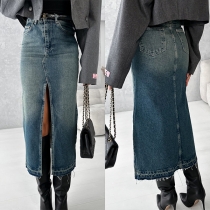 Stil framficka hög midja vintage tvättad jeanskjol