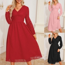 Elegant Jacquard V-ringad långärmad maxiklänning