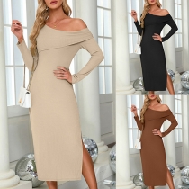 Modern Slant Shoulder Långärmad Sidoslits Bodycon Klänning