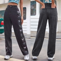 Street Fashion Sidofjäril Broderade Utskurna Jeans