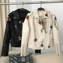Trendiga Gatukläder Blommor Broderade Nitar Ståkrage Långärmad Sned Dragkedja Konstläder PU Jacka