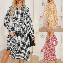 Vintage Houndstooth mönstrad V-ringad långärmad knyt-upp skjortklänning