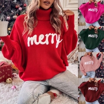 Mode Merry-Letter Turtleneck Batwing långärmad stickad julsweater