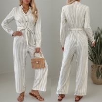 Mode Vertikal randig knapp V-ringning Rakskuren Självknuten Jumpsuit