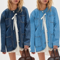 Långärmad Jeansjacka med Vintage Tvätt och Patch Detaljer