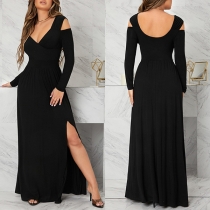 V-ringad sexig Off-shoulder långärmad rygglös maxiklänning med sidoslits